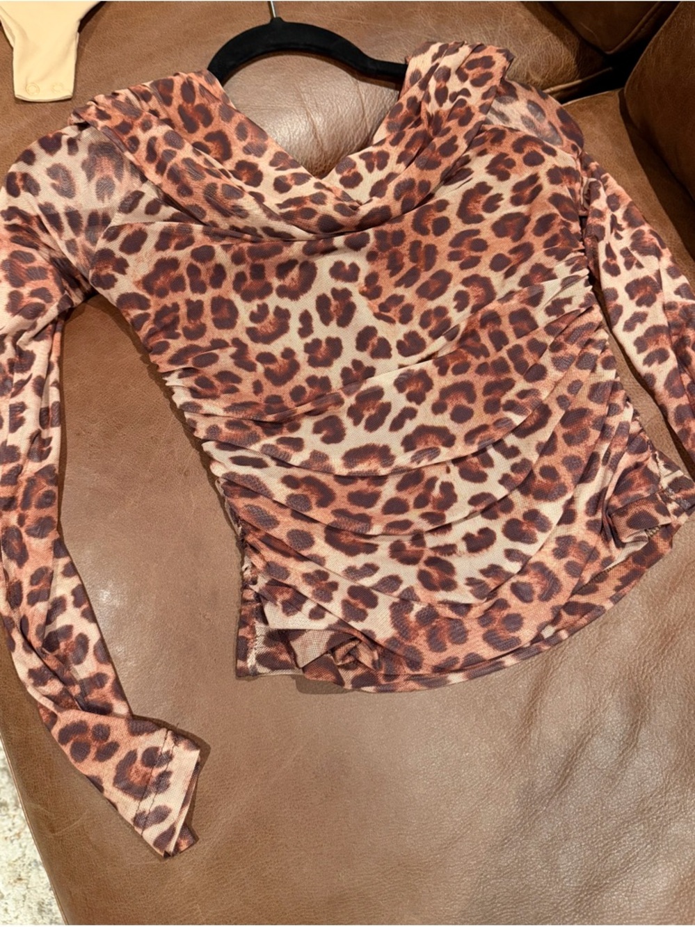 Ruched Leopard Print Long Sleeve Top - Brown/Tan